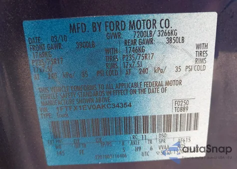 2010 Ford F-150 Fx4/Lariat/Xl/Xlt from USA, damaged, VIN 1FTFX1EV0AKC34354